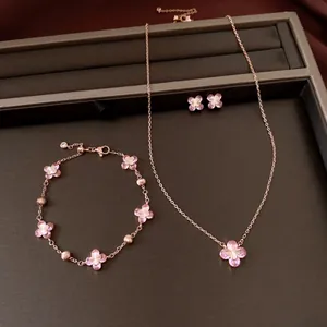 Elegant rose gold jewelry set with pink zircon flower pendants for women and girls