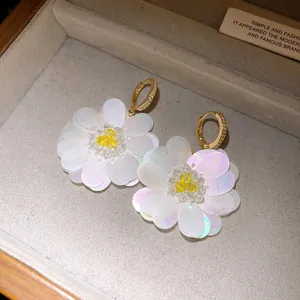 Macro view of iridescent sequin flower earrings with gold hoops and yellow center.