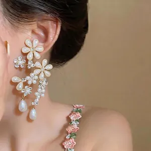 Elegant French palace style floral pearl and rhinestone drop earrings for women
