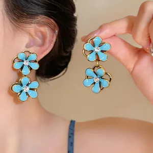 Vintage Alloy Blue Flower Stud Earrings With 925 Sterling Silver Post Elegant Oil Drip Rhinestone Floral Jewelry For Women Daily Gift