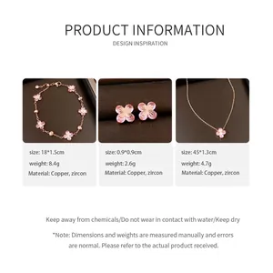 Detailed specifications for pink zircon flower bracelet, necklace and earrings set