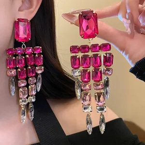 Western Style Copper Pink Rhinestone Long Tassel Dangle Earrings For Women Luxury Square Geometric Jewelry With Silver Post