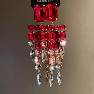 Elegant square rhinestone tassel dangle earrings featuring vibrant red and pink gemstones
