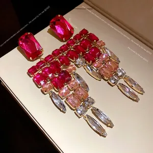 Luxury hot pink and champagne square rhinestone tassel drop earrings for fashion women.
