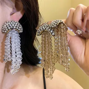 Vintage Alloy Glass Crystal Tassel Drop Earrings For Women Elegant Rhinestone Long Dangle Earrings Silver Earring Post