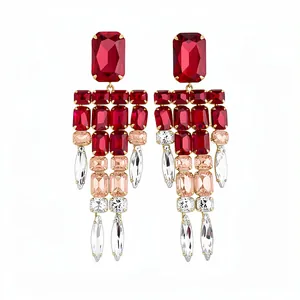 Luxurious oversized red crystal tassel earrings with s925 silver pins and square gems