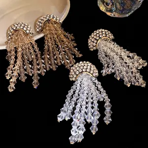 Elegant jellyfish style crystal tassel earrings with silver needles and rhinestones.