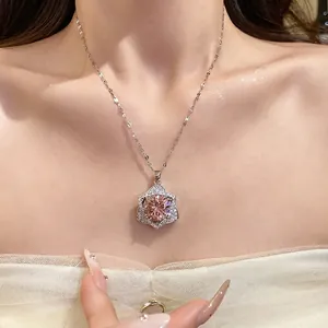 Luxury star pendant necklace with champagne round crystal for women, silver chain