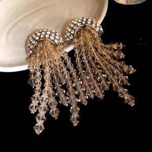 Elegant silver needle earrings with rhinestone studs and crystal bead tassels