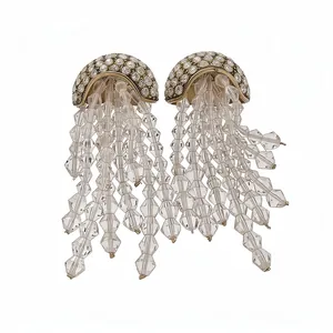 Elegant jellyfish earrings featuring crystal bead tassels and rhinestone inlaid studs