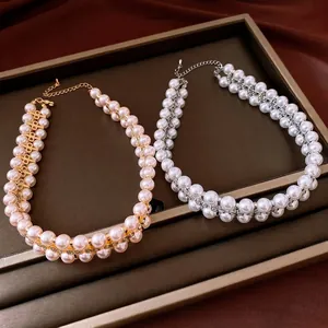 Doppellagige Künstliche Perle Halskette Für Damen Kupfer Zirkonia Eingelegt Vergoldet Choker Vintage Schmuck Zubehör