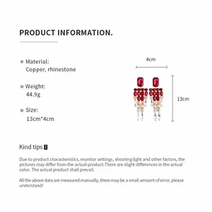 Detailed dimensions of red rhinestone square tassel earrings on white background.