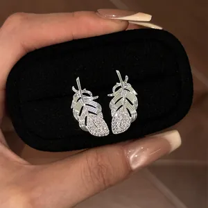 Exquisite Alloy Feather Pendant Stud Earrings With Silver Earring Post Rhinestone Embellished Fashion Jewelry For Women Gift