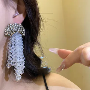 Macro view of crystal tassel earrings with sparkling rhinestones on a silver needle base