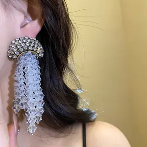 Detail shot of elegant silver needle earrings featuring sparkling rhinestone and crystal tassels