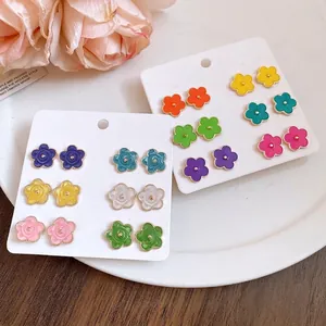 Dolci Orecchini a Bottone a Forma di Fiore con Goccia d'Olio Colorata Perno in Argento Lega Floreale Gioielli per Donna Accessori Moda