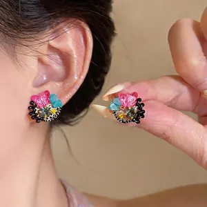Vintage Luxury Glass Rhinestone Butterfly Flower Stud Earrings With Silver Earring Post Dopamine Color Women Fashion Jewelry