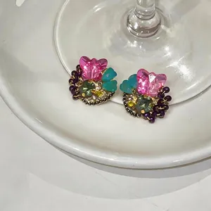 Elegant colorful Dopamine style butterfly stud earrings with pink crystals and silver needles