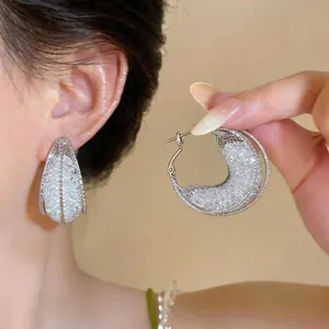 Copper Mesh Moon Boat Hoop Earrings With 925 Sterling Silver Earring Post Inlaid Rhinestone High-End Fashion Jewelry For Women