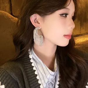 Close-up of geometric silver tassel earrings on Asian model showing twisted metal details