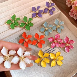 Sweet Enamel Flower Stud Earrings For Women Colorful Floral Silver Post Earring Vacation Style Jewelry Accessories