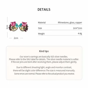 Detail view of colorful floral rhinestone earrings with 925 silver needle specs.