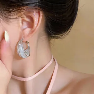 Close-up of silver-toned moon boat mesh hollow earrings with crystal texture in detail