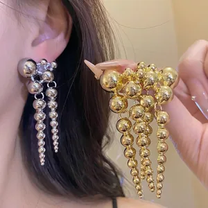 Vintage Alloy Geometric Round Bead Tassel Drop Earrings With 925 Sterling Silver Post Gold Silver Plated Jewelry For Women