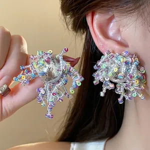 Irregular Multicolor Sequin Glass Bead Stud Earrings With 925 Sterling Silver Earring Post For Women Fashion Jewelry