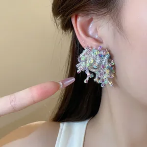 Unique colorful sequin and glass bead irregular stud earrings with S925 silver needles