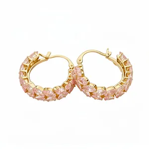 Gold hoop earrings with pink marquise zircon in wheat ear design, elegant vintage style