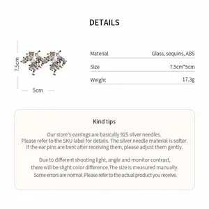 Detailed specs for irregular sequin and glass earrings with 925 silver needles.