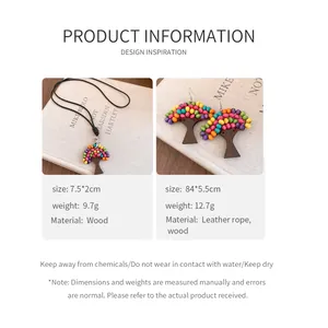 Spécifications détaillées du produit pour collier et boucles d'oreilles arbre perlé en bois.