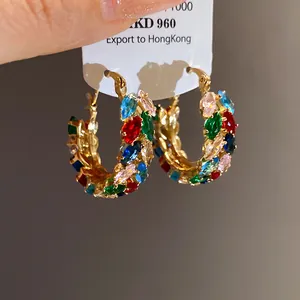 Detailed view of colorful marquise zircon hoop earrings in vintage court fashion