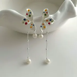 Sweet Colorful Polka Dot Flower Tassel Stud Earrings For Women Elegant Enamel Floral Pearl Earrings Stylish Small Crowd Design Jewelry