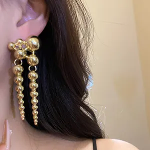 Detailed close-up of elegant gold ball drop earrings with a tapering tiered sphere design
