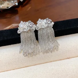 Silver chain tassel earrings with crumpled metal texture and pearl accent for women