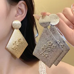 Vintage Iron Rhombus Drop Earrings For Women Embossed Floral Pattern Large Geometric Earrings With Silver Earring Post