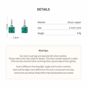 Détails des boucles d'oreilles zircon carré vert émeraude avec dimensions et matériaux
