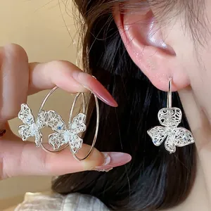 Elegant silver butterfly hoop earrings with sparkling colorful zircon stones for women