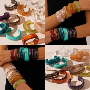 Irregular Wide Acrylic Resin Bangle Bracelet For Women Vintage Maillard Color Marble Texture Amber Geometric Fashion Jewelry