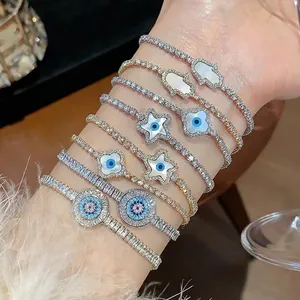 18K Real Gold Plated Copper Zirconia Bracelet For Women Luxury Evil Eye Star Hamsa Hand Clover Exquisite Tennis Chain Jewelry