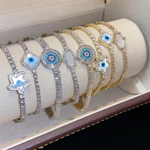 18k gold plated zircon bracelets with star, evil eye and hamsa charms for women