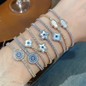 Sparkling 18k gold plated zircon star and evil eye bracelets set for stylish women