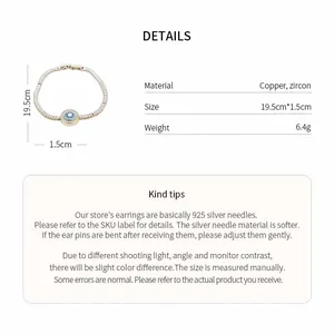 Detailed specifications of copper and zircon bracelet featuring a blue evil eye charm
