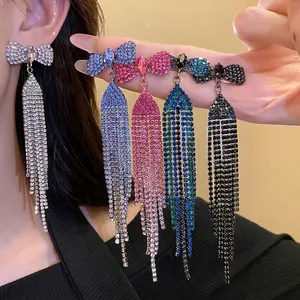 Luxury Bowknot Tassel Rhinestone Earrings With 925 Sterling Silver Earring Post For Women Fashion Copper Drop Earrings