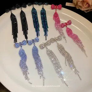 Elegant bowknot tassel drop earrings with sparkling rhinestones in multiple colors