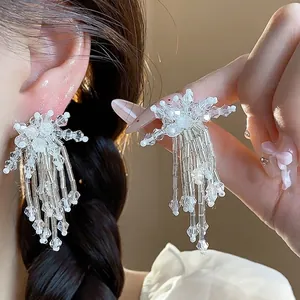 Summer Sweet Glass Flower Tassel Clip-on Earrings For Women Elegant Handmade Bead Floral Dangle Earrings Fashion Jewelry Accessories