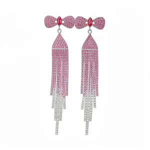 Elegant sparkling pink rhinestone bow tassel drop earrings for women with 925 silver pins