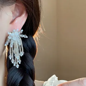 Sweet glass flower tassel clip-on earrings for women, elegant summer aesthetic style
